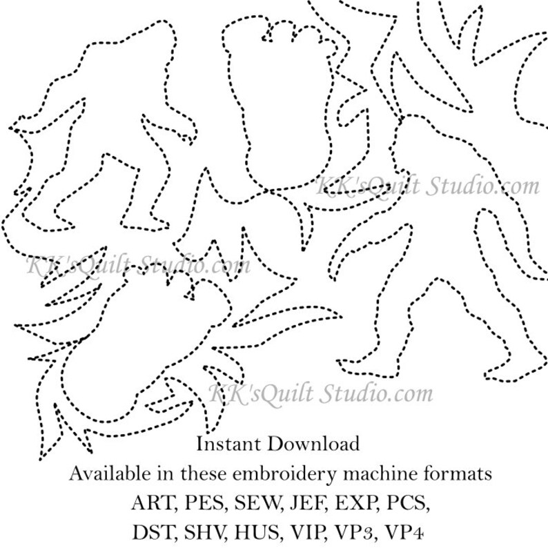 Puede incluir: Dise&ntilde;o de bordado digital en blanco y negro con siluetas de Bigfoot y huellas, con formas de hojas. El dise&ntilde;o incluye el texto "Descarga instant&aacute;nea" y una lista de formatos de m&aacute;quinas de bordar. De KK's Quilt Studio.