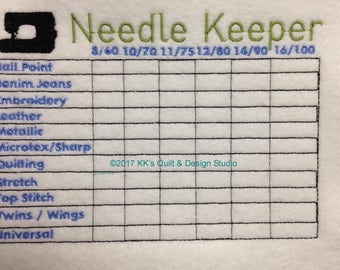 May include: A white fabric needle keeper with a black sewing machine icon and the text "Needle Keeper". The keeper has a grid with the text "8/60 10/70 11/75 12/80 14/90 16/100" at the top. The grid has rows labeled "Ball Point", "Denim Jeans", "Embroidery", "Leather", "Metallic", "Microtex/Sharp", "Quilting", "Stretch", "Top Stitch", "Twins/Wings", and "Universal". The text "©2017 KK's Quilt & Design Studio" is at the bottom.