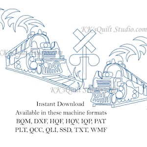 May include: A digital embroidery design of two trains crossing a railroad track with a crossing sign. The design includes palm trees on either side of the tracks. The text "KK'sQuilt Studio.com" is at the top of the image. The text "Instant Download" and "Available in these machine formats" is below the image. The text "BQM, DXF, HQF, HQV, IQP, PAT, PLT, QCC, QLI, SSD, TXT, WMF" is below the text "Available in these machine formats".