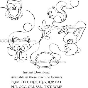 May include: Black and white line art design of an owl, squirrel, rabbit, cat, and hedgehog. The design is for machine embroidery and includes the text "KK'sQuilt Studio.com".  Instant Download. Available in these machine formats: BQM, DXF, HQF, HQV, IQP, PAT, PLT, QCC, QLI, SSD, TXT, WMF.
