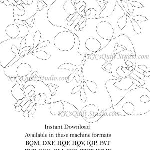 Może przedstawiać: Czarno-biały projekt graficzny z liniami przedstawiający wzór kwiatowy z liśćmi i kółkami. Projekt jest przeznaczony do haftu maszynowego i zawiera tekst "KK's Quilt Studio.com" oraz "Natychmiastowe pobieranie". Dostępny w tych formatach maszynowych: BQM, DXF, HQF, HQV, IQP, PAT, PLT, QCC, QLI, SSD, TXT, WMF.