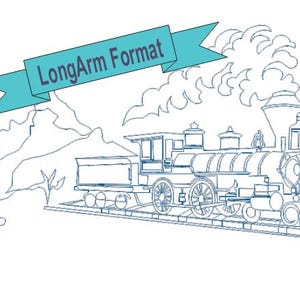 Puede incluir: Dibujo lineal de un tren de vapor con un paisaje desértico. El tren está sobre vías, con humo saliendo de la chimenea. Una pancarta sobre el tren dice "LongArm Format". Un cactus y montañas están en el fondo.