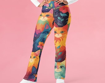 Rainbow Flower Cats Flare Leggings, Rave Outfit, Women Yoga Pants, All Over Printed High Waist Leggings