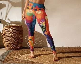 Rainbow Flower Cats Yoga Leggings, Rave Outfit, High Waist Women Yoga Pants, Festival Gear, Party, Rave, Gym