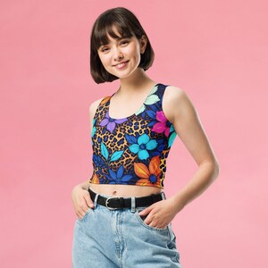 Leopard Flowers Cropped Tank Top, Rave Outfit, Techno Music Crop Top, House Music Shirt