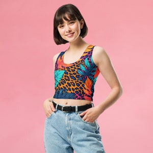Neon Leopard Leaves Crop Tank Top, Rave Outfit, Techno Music Crop Top, House Music Shirt