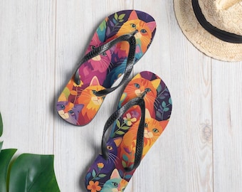 Chanclas únicas con diseño de gatos y flores de arcoíris, sandalias de playa, chanclas de novia, sandalias de boda hawaianas