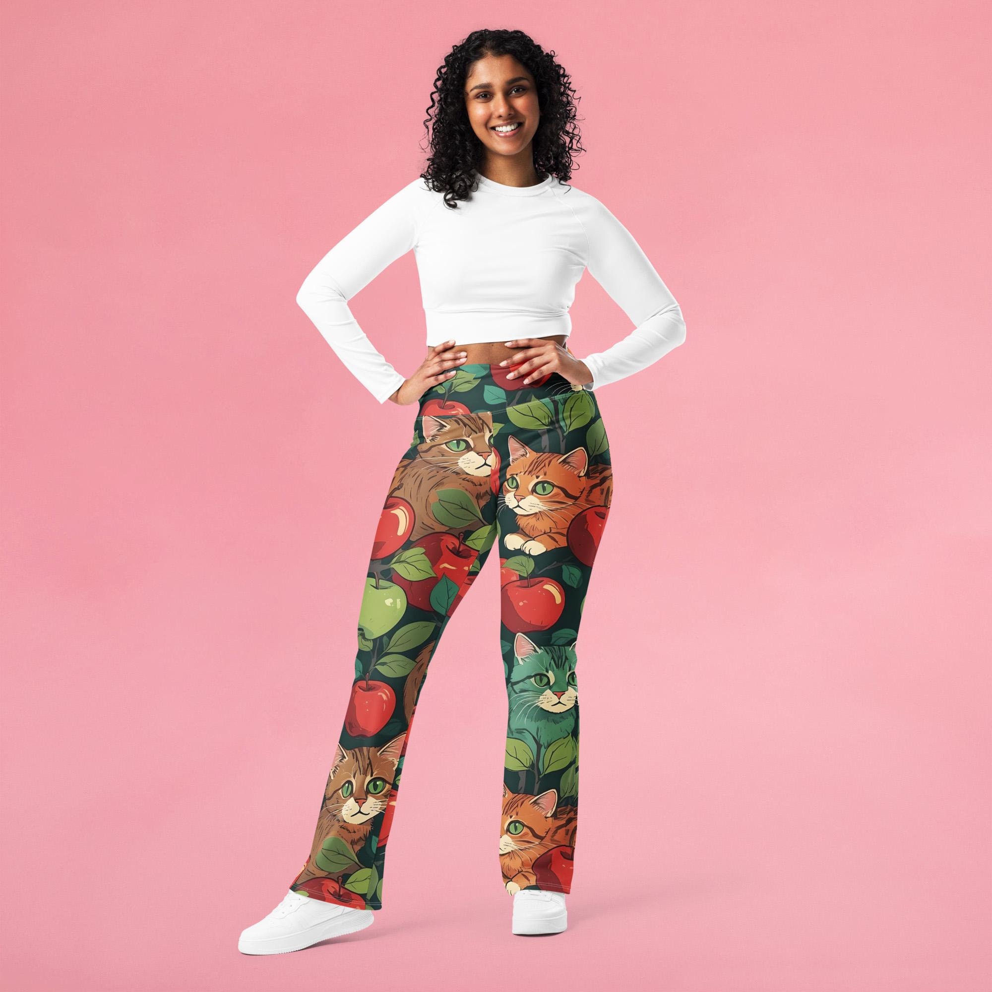 Apple Orchard Kittens Flare Leggings, Cat Mom Gift, Women Yoga Pants, All Over Printed High Waist Leggings