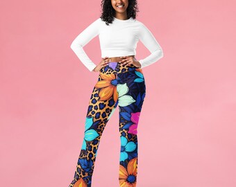 Leopard Flowers Flare Leggings, Rave Outfit, Women Yoga Pants, All Over Printed High Waist Leggings