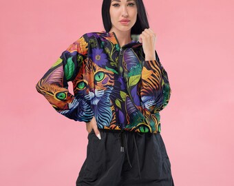 Women's Cropped Windbreaker Electric Tabby Flowers, Rave Outfit, Dancewear Cropped Rain Jacket