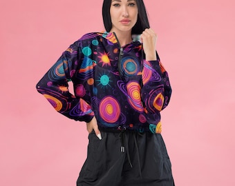 Women's Cropped Windbreaker Glitter Galaxy, Rave Outfit, Dancewear Cropped Rain Jacket