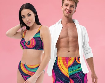 マッチング水着 サイケデリック渦巻き、カップル水着、レイブ衣装、フェスティバル衣装、結婚祝い
