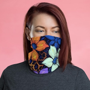 Leopard Flowers Neck Gaiter,  Rave Outfit, Women Men Large Unisex Face Mask, Neck Warmer, Ski Mask