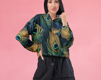 Peacock Glam Womens Cropped Windbreaker, Rave Outfit, Dancewear Cropped Rain Jacket