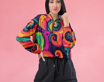Psychedelic Swirls Womens Cropped Windbreaker, Rave Outfit, Dancewear Cropped Rain Jacket