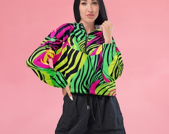 Neon Zebra Womens Cropped Windbreaker, Rave Outfit, Dancewear Cropped Rain Jacket