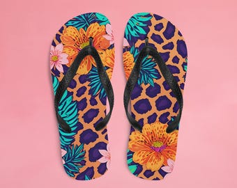 Chanclas exclusivas con estampado de guepardo y flores de neón, sandalias de playa, chanclas de novia, sandalias de boda hawaianas