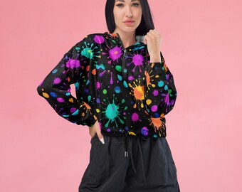 Women's Cropped Windbreaker Neon Splatter, Rave Outfit, Dancewear Cropped Rain Jacket
