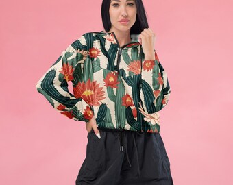 Women's Cropped Windbreaker Desert Oasis, Rave Outfit, Dancewear Cropped Rain Jacket