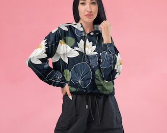 Ocean Bloom Womens Cropped Windbreaker, Rave Outfit, Dancewear Cropped Rain Jacket