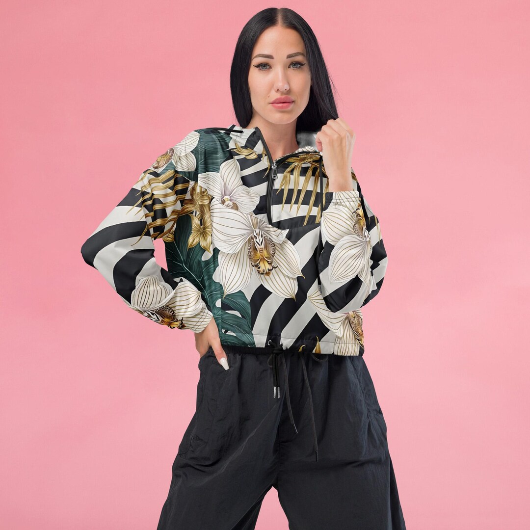 Zebra Orchid Oasis Womens Cropped Windbreaker, Rave Outfit, Dancewear ...