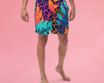 May include: A pair of colorful swim trunks with a tropical print featuring pink, orange, blue, and green leaves and a leopard print pattern.