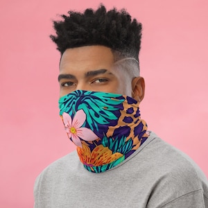 Neon Cheetah Flowers Neck Gaiter,  Rave Outfit, Women Men Large Unisex Face Mask, Neck Warmer, Ski Mask