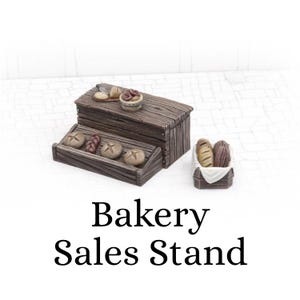 Op de afbeelding: Een miniatuur bakkerijverkoopstand met diverse broodproducten. De stand is gemaakt van donker hout en heeft meerdere niveaus met broden, broodjes en een broodmand. De tekst "Bakery Sales Stand" wordt hieronder weergegeven.