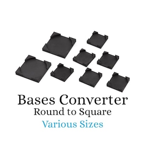 Könnte beinhalten: Schwarze quadratische Sockel mit Eckstützen in verschiedenen Größen. Der Text "Bases Converter Round to Square Various Sizes" ist darunter abgebildet. Diese Sockel dienen zur Umwandlung runder Objekte in quadratische.