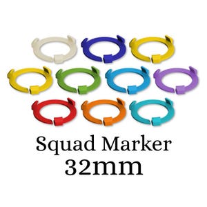 May include: Set of ten 32mm plastic squad markers in various colours: white, blue, yellow, green, orange, red, purple, turquoise, and two shades of yellow.  Squad Marker 32mm.