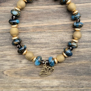 Impression Jasper and Drusy Stretch Bracelet| Healing Gemstone Yoga Bracelet| Lotus Charm Beaded Bracelet| Meditation Beads