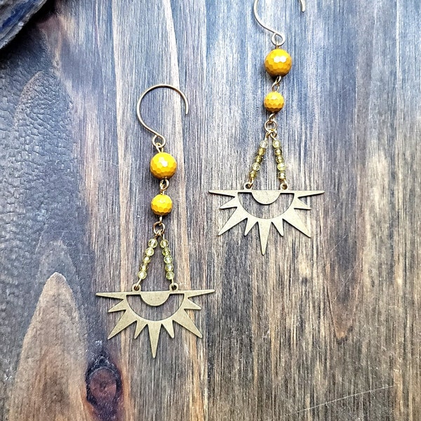 Sun Earrings| Yellow Mookaite and Citrine Beaded Earrings| Yellow Sunburst Earrings| Healing Gemstone Dangles