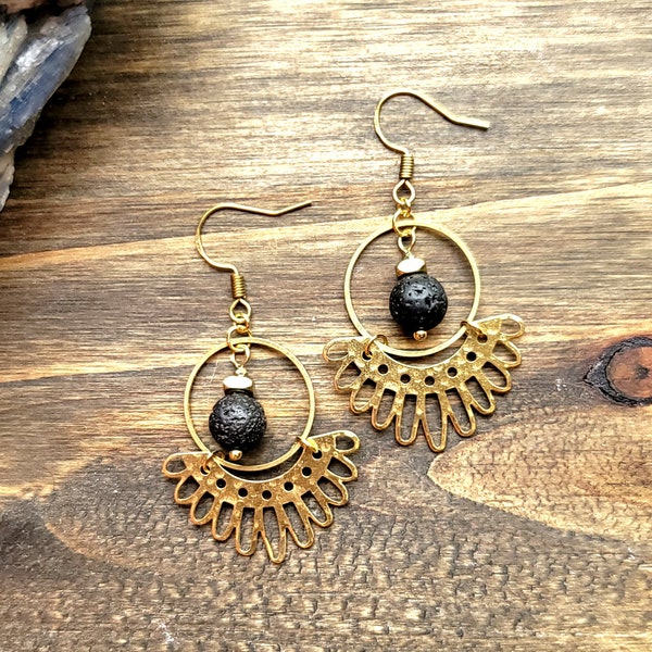 Brass Fringe and Lava Earrings| Gold Hoop Earrings with Lace Detail| Dainty Black and Gold Dangles