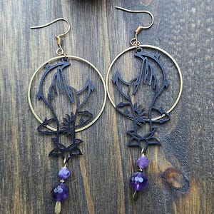 Boho Glam Matte Black Tarot Hand Earrings with Crescent Moon & Amethyst in Gold Hoop| Spell Casting Hands Earrings| Sorceress Earrings