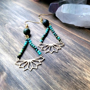 Gemstone and Lotus Charm Earrings| Chrysocolla Dangles| Yoga Earrings| Meditation Earrings| Symbol of Rebirth| Healing Gemstone Earrings