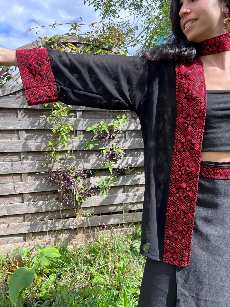Palestine Embroidery Jacket - Sea Through Black Jacket - Cover Up - Palestinian Embroidery - Palestinian Tatreez Jacket - Gifts For Her image 3