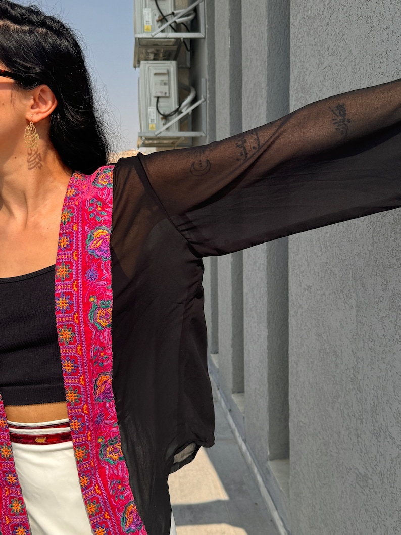 Palestine Embroidery Jacket - Sea Through Black Jacket - Cover Up - Palestinian Embroidery - Palestinian Tatreez Jacket - Gifts For Her image 4