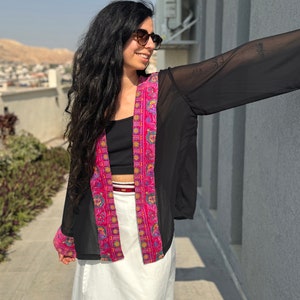 Palestine Embroidery Jacket - Sea Through Black Jacket - Cover Up - Palestinian Embroidery - Palestinian Tatreez Jacket - Gifts For Her image 8