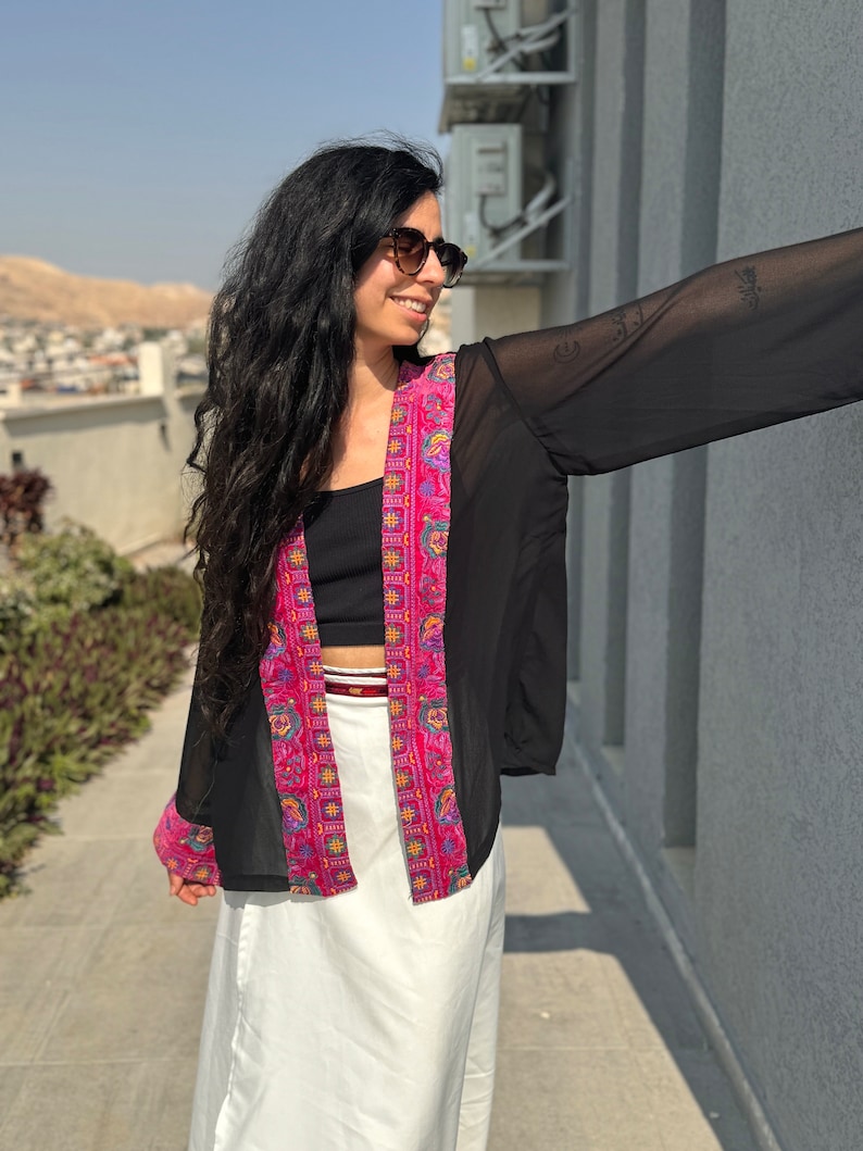 Palestine Embroidery Jacket - Sea Through Black Jacket - Cover Up - Palestinian Embroidery - Palestinian Tatreez Jacket - Gifts For Her image 8