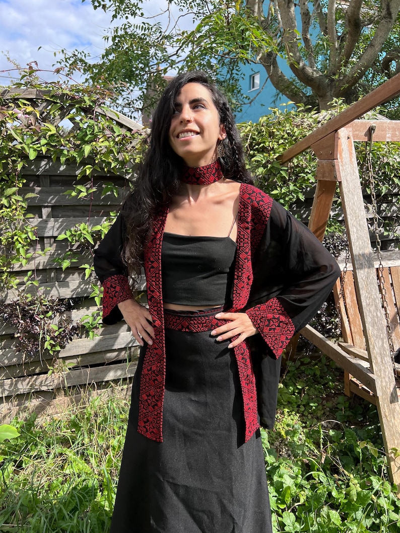 Palestine Embroidery Jacket - Sea Through Black Jacket - Cover Up - Palestinian Embroidery - Palestinian Tatreez Jacket - Gifts For Her image 2