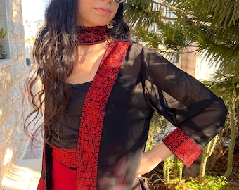 Palestine Embroidery Jacket - Sea Through Black Jacket - Cover Up - Palestinian Embroidery  - Palestinian Tatreez Jacket -  Gifts For Her