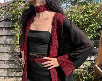 Palestinian Embroidery Chiffon Cardigan, Handmade Tatreez Kimono, Bohemian Embroidered Jacket