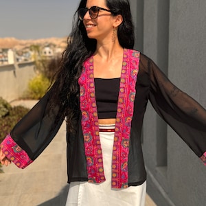 Palestine Embroidery Jacket - Sea Through Black Jacket - Cover Up - Palestinian Embroidery - Palestinian Tatreez Jacket - Gifts For Her image 5