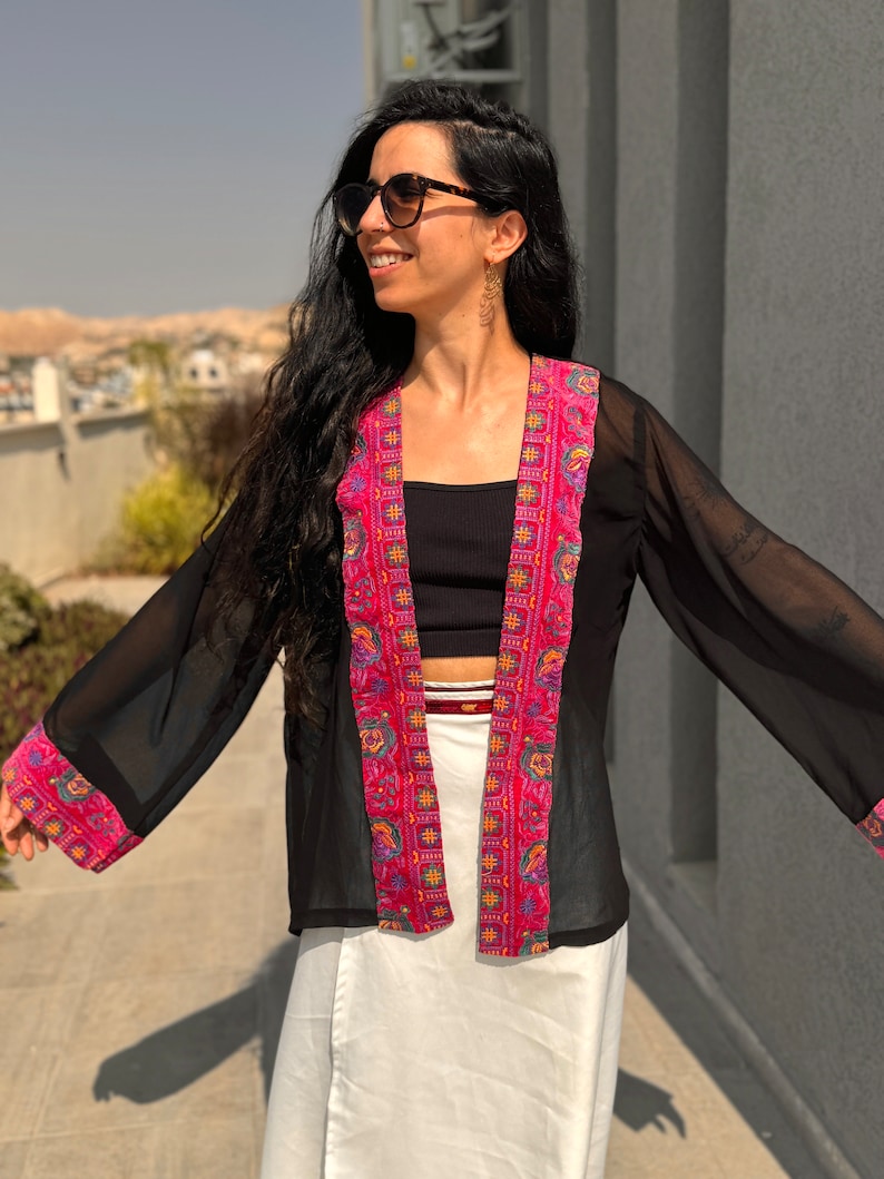 Palestine Embroidery Jacket - Sea Through Black Jacket - Cover Up - Palestinian Embroidery - Palestinian Tatreez Jacket - Gifts For Her image 5