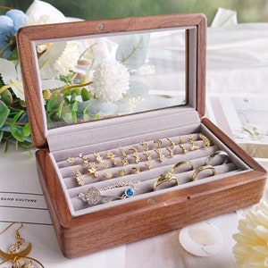 Walnut Jewelry Box, Clear Glass Lid Jewelry Box, Earrings Rings Storage Case, Custom Wooden Jewelry Box, Bride Jewelry Box Anniversary Gift