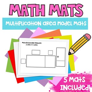 May include: A set of five colorful multiplication area model mats. Each mat has a grid with boxes for students to draw and solve multiplication problems. The text "MULTIPLICATION PROBLEM: 2 digit x 1 digit" is printed on the mat.