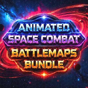 May include: A digital graphic featuring the text ANIMATED SPACE COMBAT BATTLEMAPS BUNDLE in a metallic, glowing font. The letters are set against a dark cosmic background with a swirling red ring, distant stars, and small dark planets.