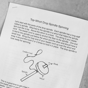 May include: A black and white diagram of a drop spindle used for spinning yarn. The diagram shows the spindle, whorl, hook, and leader cord. The text explains how to use the drop spindle.