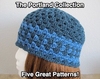 The Portland Collection - Four Great Hat Patterns - Beanies, a Beret and a Slouchy - Plus a Bonus Flower Pattern - PDF Crochet Patterns