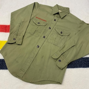 Sz L Youth 60s Boy Scouts of America Olive Green Button Up Long Sleeve